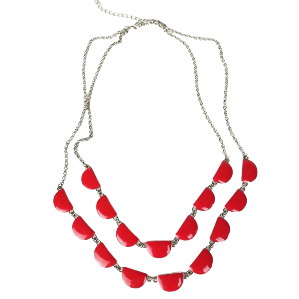 Retro Red Enamel & Silver Tone Necklace & Earrings